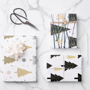 Black Gold White Christmas Tree Holiday Pattern Wrapping Paper Sheet