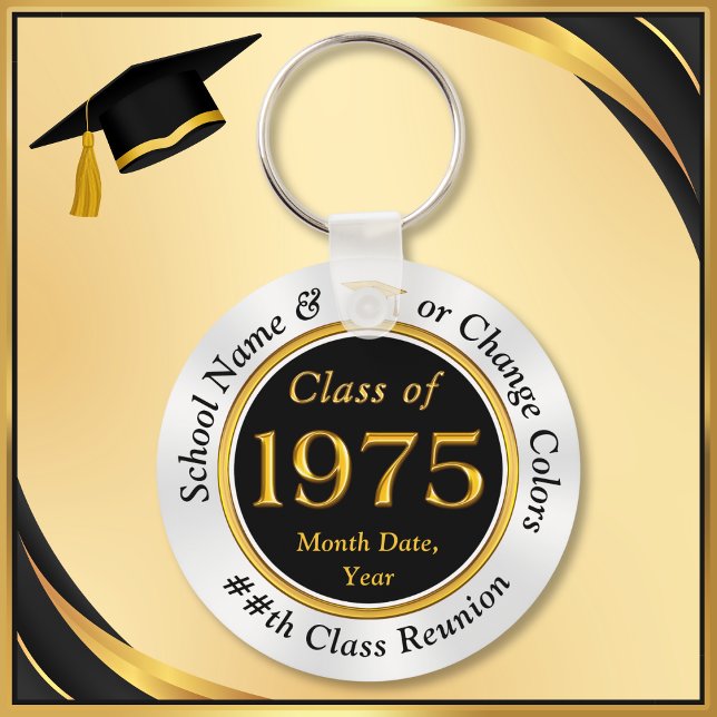 Black, Gold, White, Class of 1975 Reunion Ideas,  Key Ring (Class of 1975 Reunion, party favors, souvenirs and inexpensive class reunion gifts. Black and Gold.)