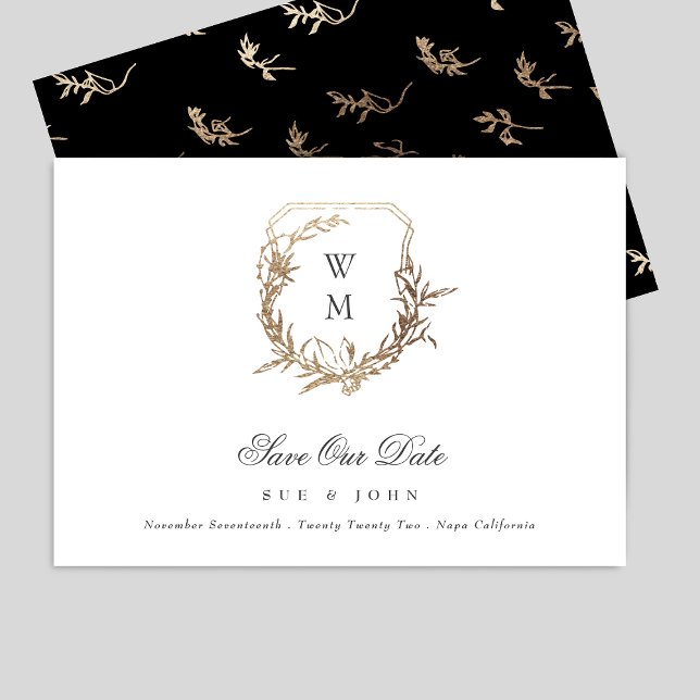 Black Gold White Classic Monogram Crest Wedding Save The Date (Creator Uploaded)