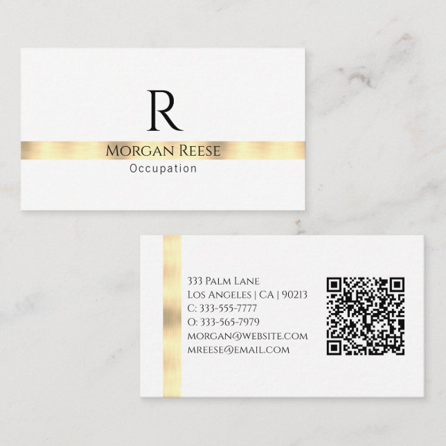 Black Gold White Design, QR Code, Name & Monogram Business Card (Front/Back)