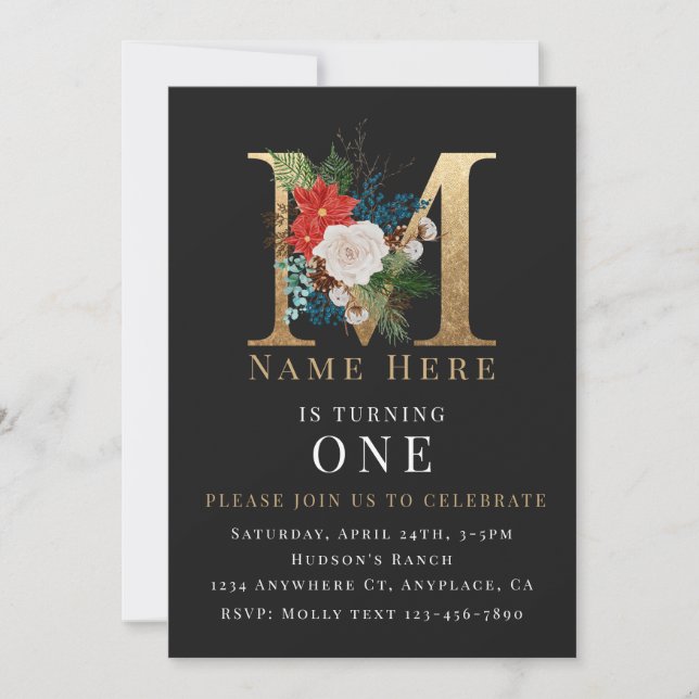 Black Gold White Floral Letter M  Invitation (Front)