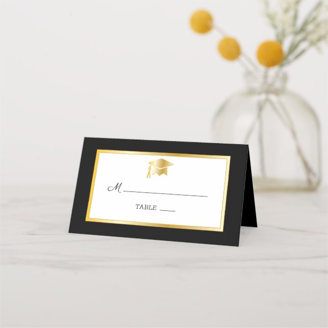 Black | Gold | White Grad Cap Place Cards (Front)