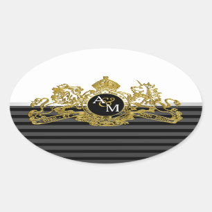 Black Gold White Lion Unicorn Emblem Monogram Oval Sticker