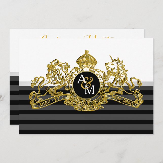 Black Gold White Lion Unicorn Regal Emblem Wedding Invitation (Front/Back)
