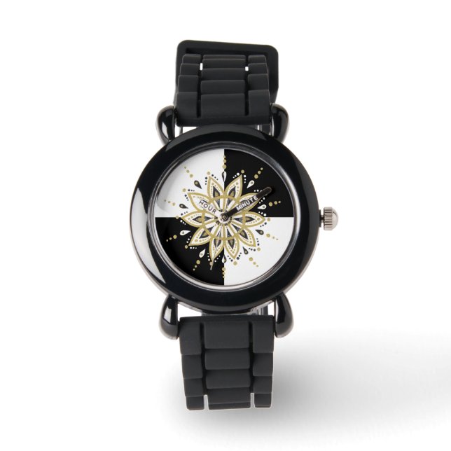Black gold & white mandala geometric design watch (Front)
