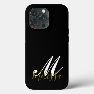 Black Gold & White Monogram Name iPhone 13 Pro Case
