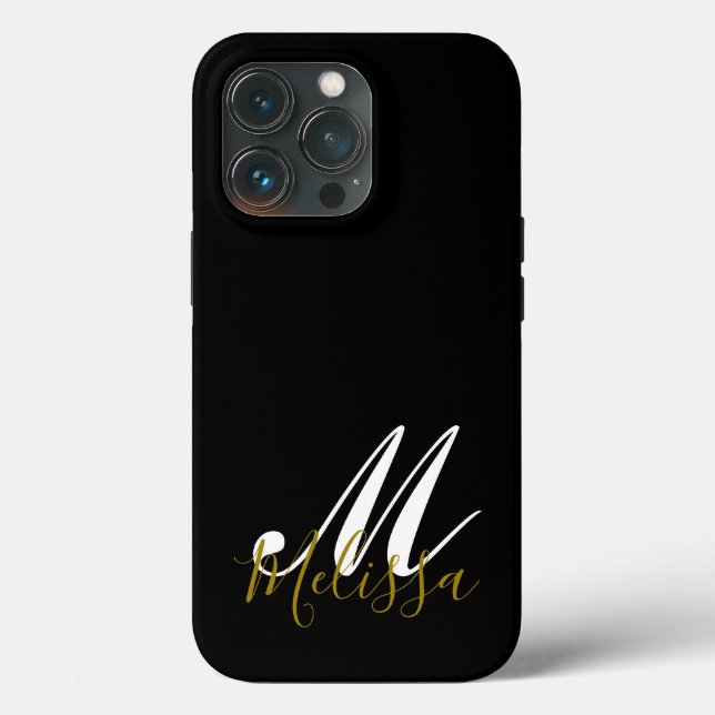 Black Gold & White Monogram Name Case-Mate iPhone Case (Back)