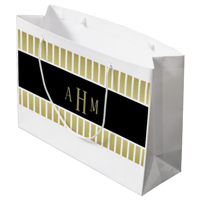 Black Gold White Monogram Stripe Large Gift Bag (Back Angled)