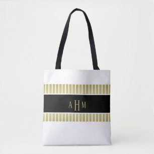 Black Gold White Monogram Stripe Tote Bag