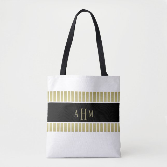 Black Gold White Monogram Stripe Tote Bag (Front)