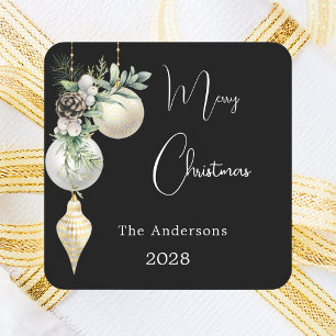 Black gold white ornaments Christmas Square Sticker