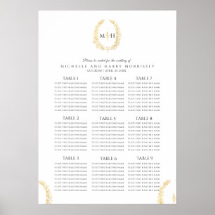 Black gold white oval wreath wedding seating chart