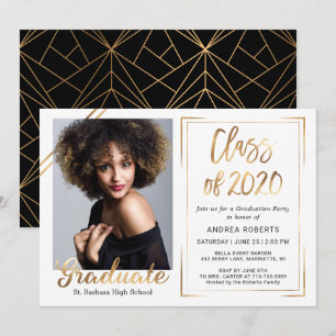 Black Gold White Photo Graduation Invitation
