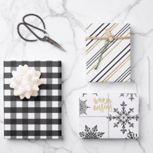 Black, Gold & White Plaid, Stripes and Snowflakes  Wrapping Paper Sheet