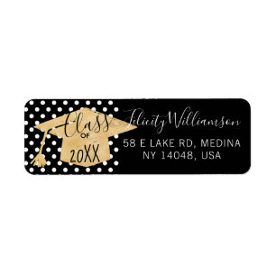 Black Gold & White Polka Dot Grad Cap Graduation Return Address Label