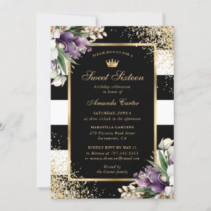 Black Gold White Purple Orchid Sweet 16 Birthday Invitation