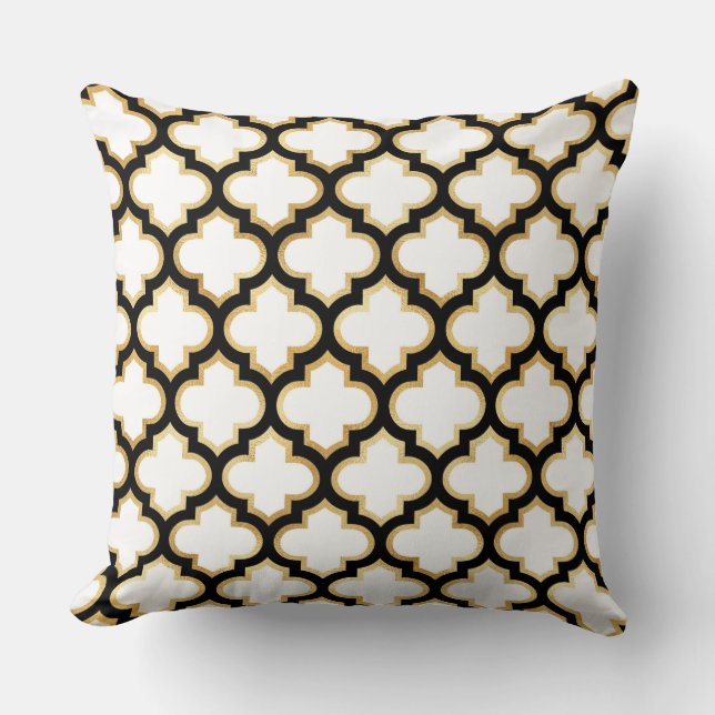 Black Gold White Quatrefoil Trellis Pillow (Front)