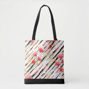 *~* Black Gold White Red Poppy Pattern Tote Bag