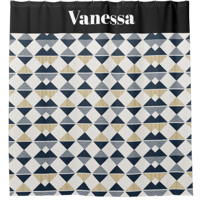 Black Gold White Stripes and Double Diamonds Shower Curtain (Front)