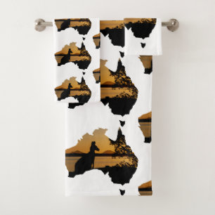 Black, Gold & White Sunset Kangaroo Tree Australia Bath Towel Set