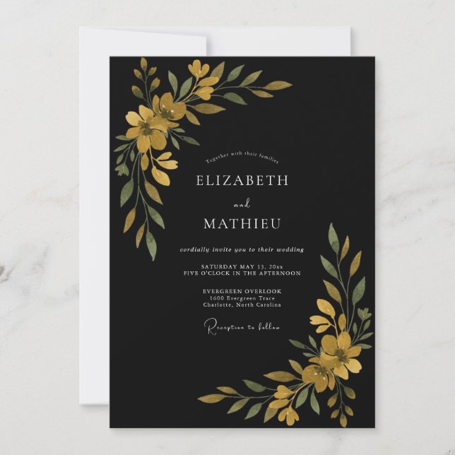 Black Gold Wildflower Wedding Invitation (Front)