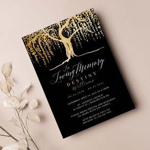 Black & Gold Willow Tree Loving Memory Funeral Invitation