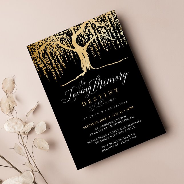 Black & Gold Willow Tree Loving Memory Funeral Invitation (Creator Uploaded)