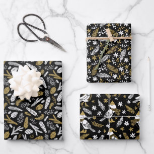 Black Gold Winter Botanicals Birds Christmas  Wrapping Paper Sheet