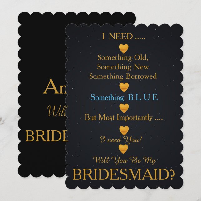 Black & Gold with Heart Will You Be my Bridesmaid  Invitation (Front/Back)