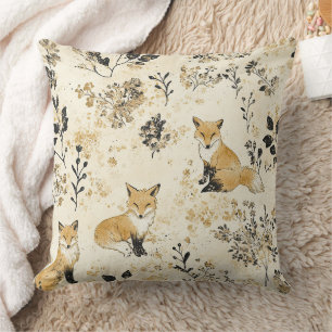 Black Gold Woodland Fox Floral Pattern Cushion