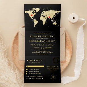 Black Gold World Map All in One Wedding Tri-Fold Invitation
