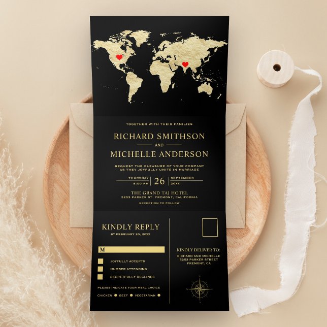 Black Gold World Map All in One Wedding Tri-Fold Invitation (Creator Uploaded)