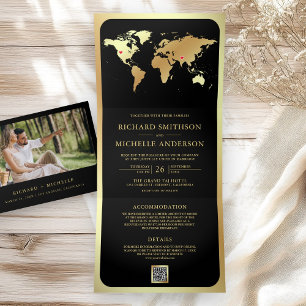 Black Gold World Map QR Code Photo Wedding Tri-Fold Invitation