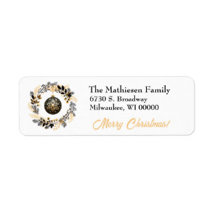 Black Gold Wreath Holiday Bulb Return Address Label