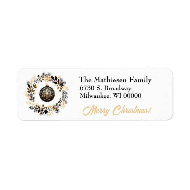 Black Gold Wreath Holiday Bulb Return Address Label (Front)