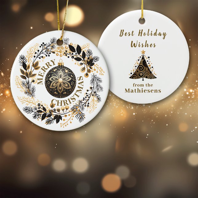 Black Gold Wreath Holiday Ceramic Ornament (Creator Uploaded)