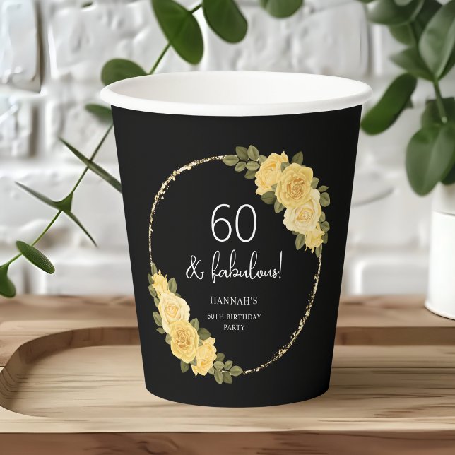 Black | Gold & Yellow Floral 60th Birthday Paper Cups (Creator Uploaded)