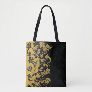 black gold yellow flowers leaves  tote bag