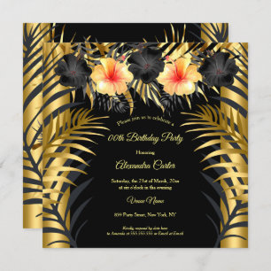 Black Gold yellow Hibiscus Tropical Floral Party Invitation