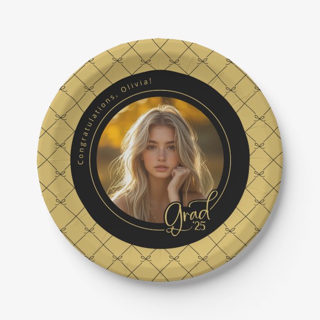 Black Gold Yellow Photo Graduation Paper Plate (Front)