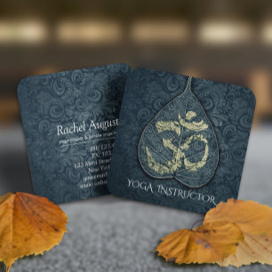 Black & Gold Yoga Instructor Bodhi Leaf OM Symbol Square Business Card