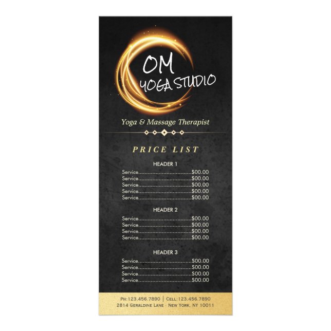 Black Gold Yoga Massage ZEN Sign Light Price List Rack Card (Front)