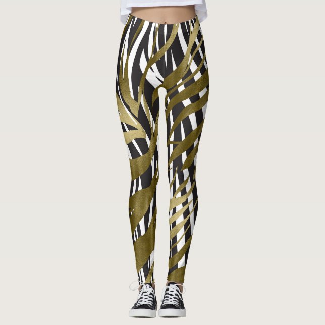 Black & Gold Zebra Print Safari Chic Glamour Leggings (Front)