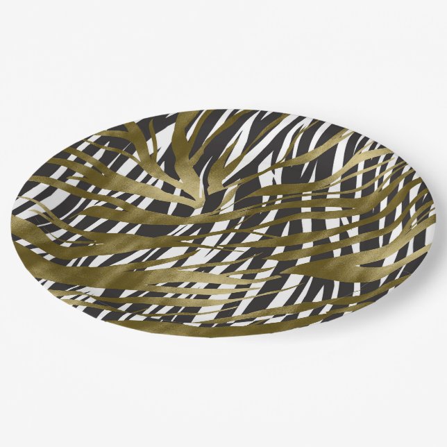 Black & Gold Zebra Print Safari Chic Glamour Paper Plate (Angled)