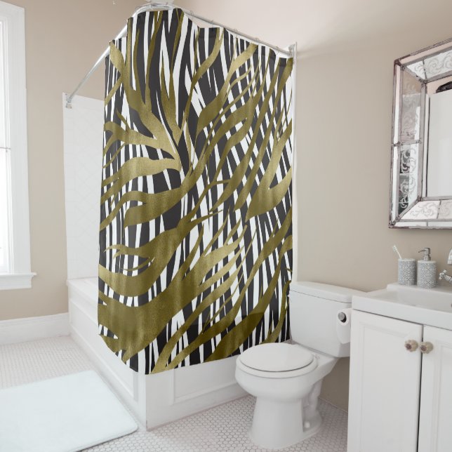 Black & Gold Zebra Print Safari Chic Glamour Shower Curtain (In Situ)