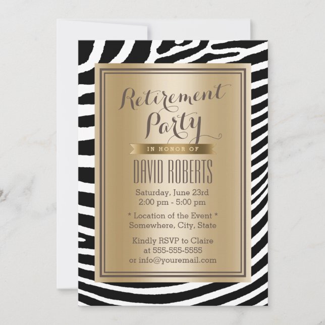 Black & Gold Zebra Stripes Modern Retirement Party Invitation (Front)