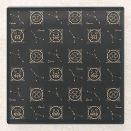 Black & Gold Zodiac Cancer Astrology Star Sign Glass Coaster