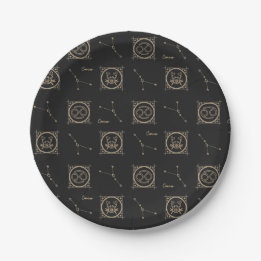 Black & Gold Zodiac Cancer Astrology Star Sign Paper Plate