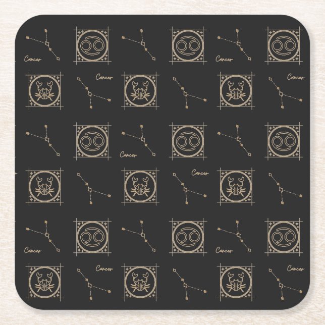 Black & Gold Zodiac Cancer Astrology Star Sign Square Paper Coaster (Front)