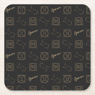 Black & Gold Zodiac Gemini Astrology Star Sign Square Paper Coaster